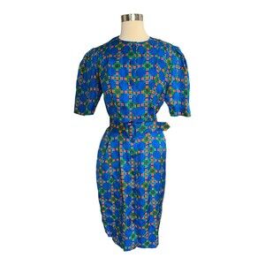 K32 VTG Adrianna Papell Silk Belted Sheath Dress Geometric Print Sz 8